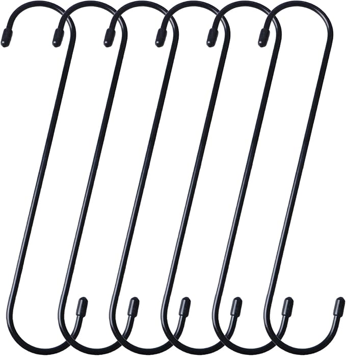 YourGift 6 Pack 10 Inch Extra Long Heavy Duty S Hooks for Hanging Plant, Closet, Flower, Basket, Garden, Patio, Bird Feeder (Black)