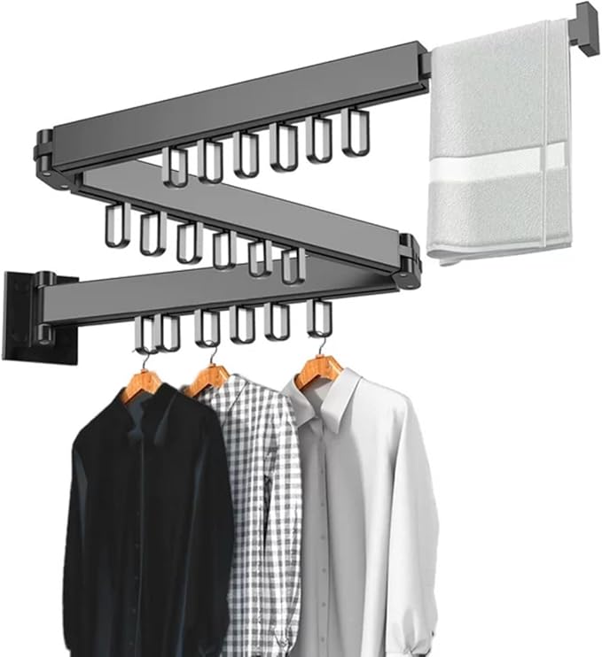 Clothes Drying Rack Wall Mounted Retractable, Aluminum Collapsible Laundry Organizer, Space-Saver Hanger Holds Quilts for Bedroom Bathroom Balcony (Grey)