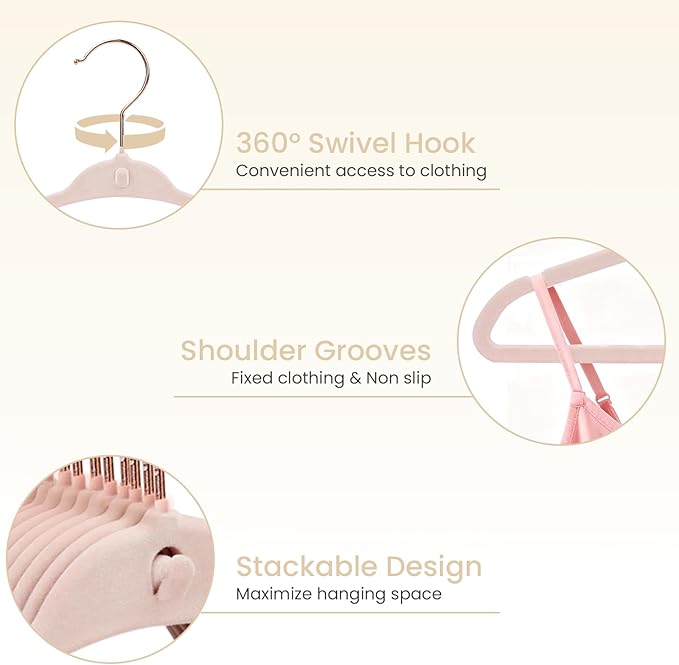 Baby Velvet Hangers 30 Pack, 11" Premium Felt Kids Hanger with 10 Clips, Slim 0.2" Non-Slip Stackable Design & 360° Swivel Hook, Space-Saving Toddler Clothes Hangers for Nursery Closet, Pink