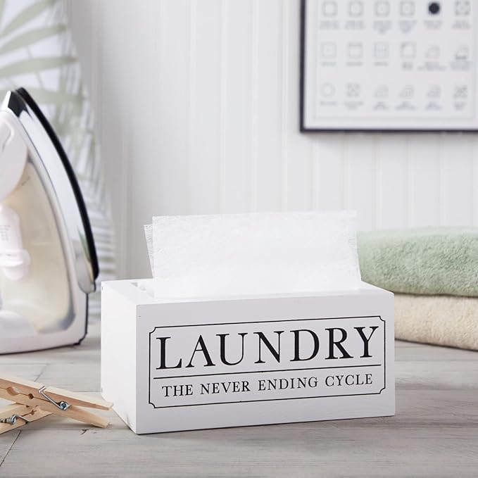 Farmlyn Creek Wood Dryer Sheet Holder - Farmhouse Laundry Pod Holder & Dryer Sheet Box Cover - Hinged Lid Organizer Box - Room Decor & Laundry Room Organization - White, 8 x 5 x 4 in, 120 Count