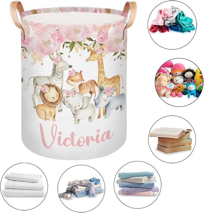 Personalized Laundry Basket, Custom Gift Laundry Hamper, Collapsible Nursery Waterproof Laundry Baskets, Dirty Clothes Toy Hamper with Handles Girl Safari Animals