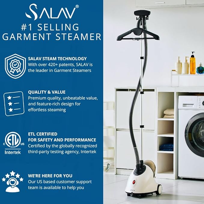 SALAV GS18-DJ Standing Garment Steamer with Smart Auto-Off, Wheels for Easy Movement, 1.8L Water Tank for 1hr Continuous Steaming, Adjustable Pole for Storage, with Descaler Packet, 1500 watts