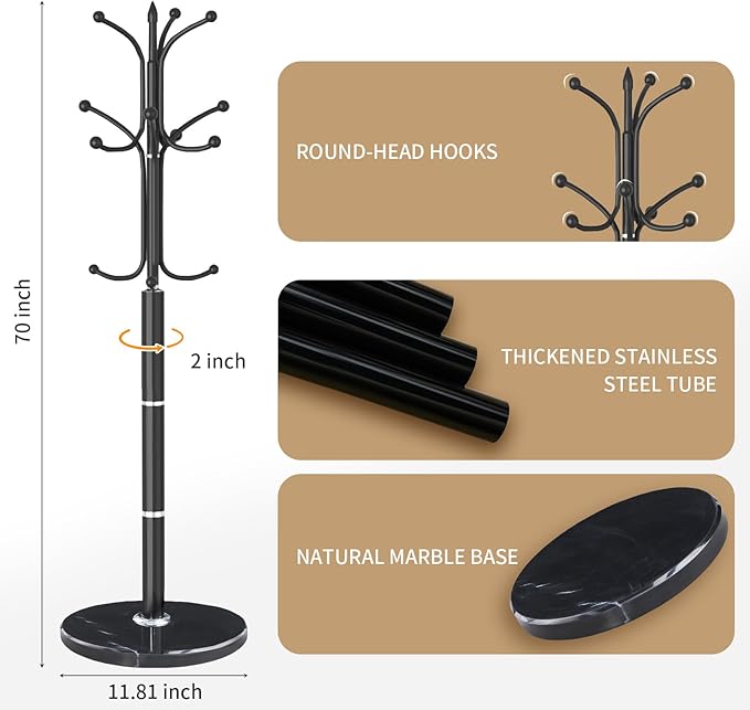 Metal Coat Rack Stand, Modern Freestanding Coat Rack with Natural Marble Base, Black Coat Racks and Coat Hall Tree Hanger Stand for Entryway, Hallway, Office (12 HOOKS)