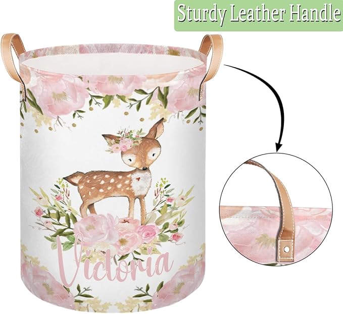 Personalized Laundry Basket, Custom Gift Laundry Hamper, Collapsible Nursery Waterproof Laundry Baskets, Dirty Clothes Toy Hamper with Handles Pretty Deer Woodland Forest