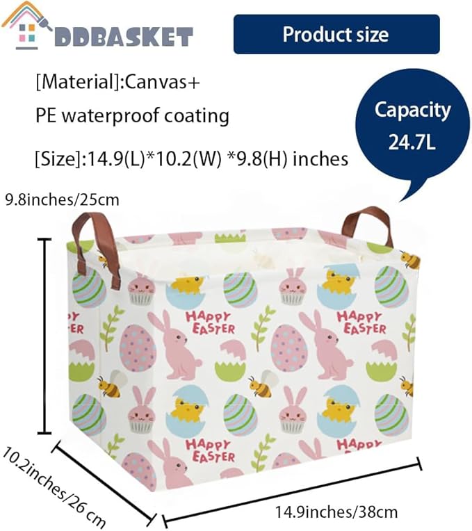 Easter Bunny Kids Gift Basket - Rectangular Toy Storage Basket Organizer Bin Box for Boys & Girls - Cute Easter Egg Room Decor for Home