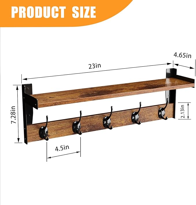 Coat Rack with Wall Mount, 23 Inch Long Entryway Wall Shelf with Hooks, Wood Hanger with Storage Shelf for Bathroom, Hallway, Rustic Brown