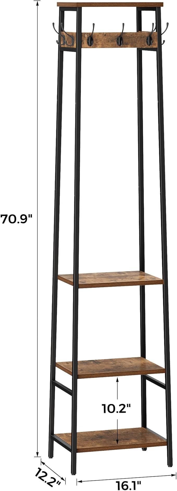 Coat Rack Freestanding, Coat Stand with 3 Shelves and 7 Hooks, Hall Tree Free Standing, Clothes Rack Stand Organizer, Industrial Style, Rustic Brown and Black