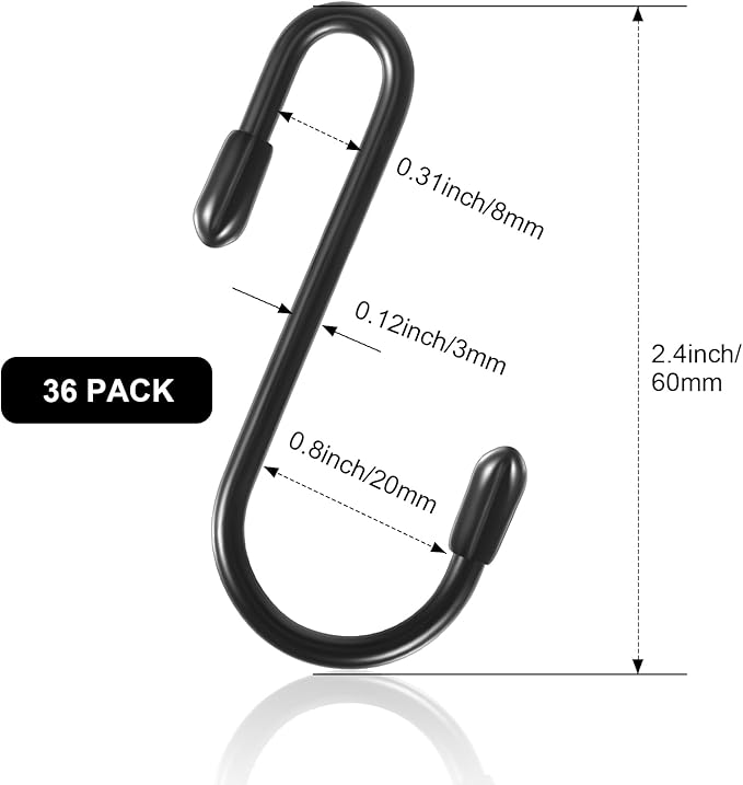 Hotop 36 Pcs Black S Hooks for Hanging 2.4 Inch Heavy Duty S Shaped Hook Rack Metal Non Slip Hanger for Christmas Tree Stocking Kitchen Pot Utensils Closet Wire Bathroom Bedroom Pan Bag Towel Plant