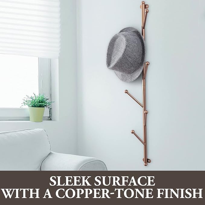 MyGift Modern Copper-Tone Metal Entryway Wall Coat Tree, Wall Mounted Hanger Hat and Coat Hooks