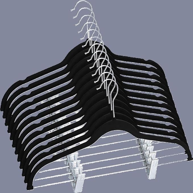 Premium Velvet Hangers with Clips, 10-Pack, Black, Non-Slip Pants and Clothes Hangers with Adjustable Metal Grips