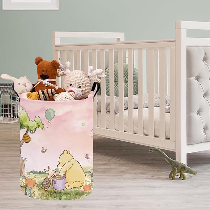 Greatingreat Pink Winnie Foldable Laundry Hamper, Circular Canvas Storage Basket with PE Coating, Collapsible Clothes Organizer for Home, Nursery, and Bedroom