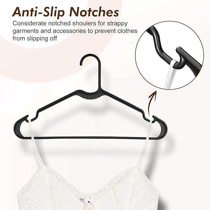 HOUSE DAY Black Plastic Hangers 50 Pack - Made in USA - Lightweight & Slim Space Saving Clothes Hanger with Shoulder Grooves for Dresses, Lingerie, Shirts, Pants, Durable Closet Organizers and Storage