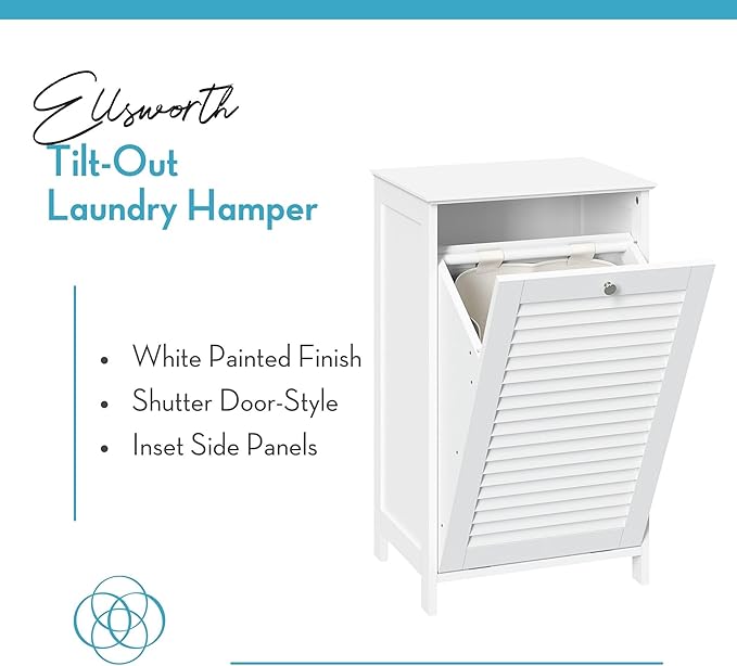 RiverRidge Ellsworth Laundry Cabinet with Tilt-Out Door, Removable Cloth Bag, Shutter Design & Polished Silver Knob Laundry Room Storage Cabinet.
