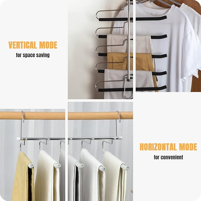 Space Saving Pants Hangers Heavy Duty Magic Slacks Jeans Trouser Hanger, Non-Slip Foam Padded 5 Layers, Multi-Purpose Premium Metal Closet Storage Organizer for Scarf and Ties Leggings (2 Pack)
