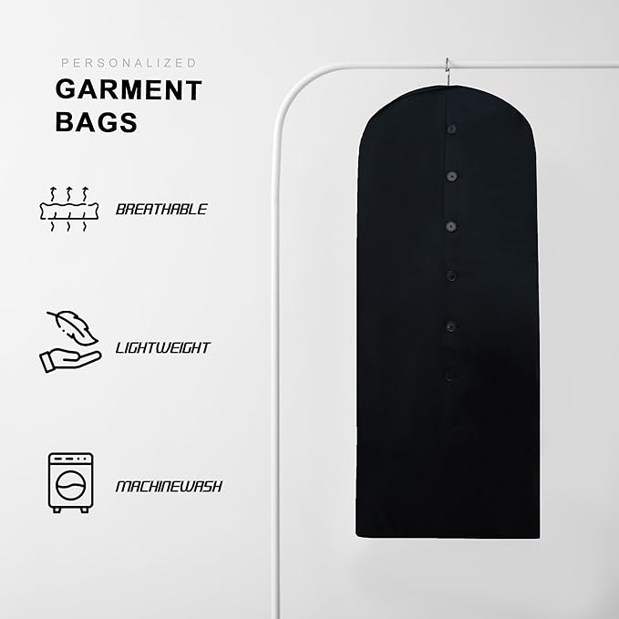 Cotton Garment Protector Bag Cover - Dust Free Cloth Hanging, Wardrobe storage for Dresses and Suits (Black with Button - 24"x42")