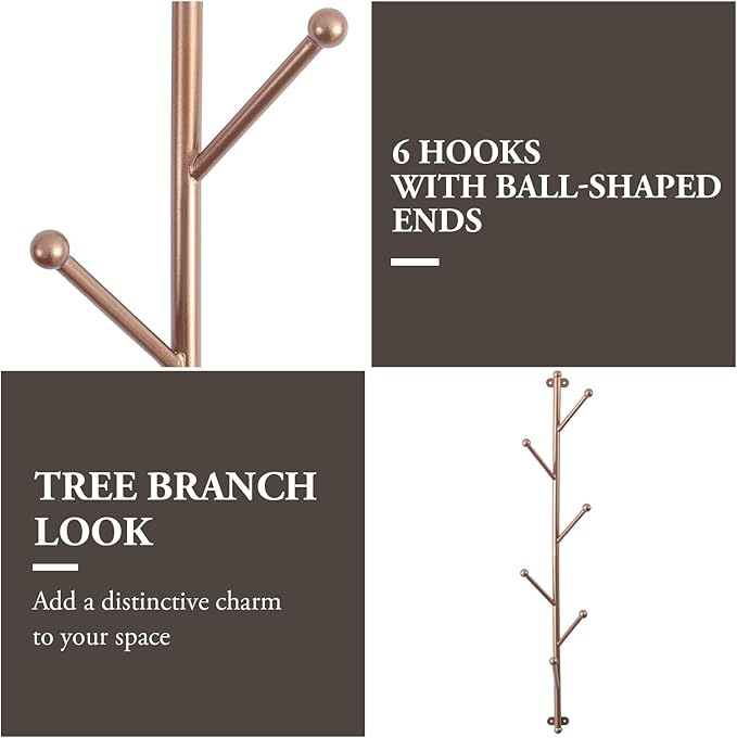 MyGift Modern Copper-Tone Metal Entryway Wall Coat Tree, Wall Mounted Hanger Hat and Coat Hooks