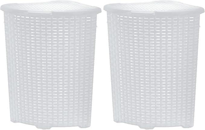 Plastic Corner Laundry Hamper with Lid, Curved Designed Laundry Basket, 2 Pack Triangle White Cloths Hamper Organizer with Cut-out Handles for Laundry Room Bedroom Bathroom, Wicker Design, 50 Liter