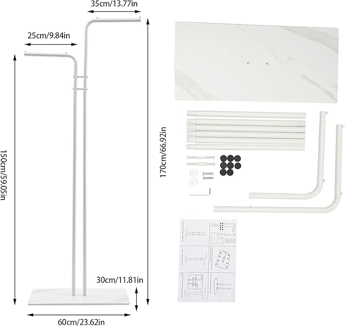 67in-White Clothing Rack with Base, Double Rod Freestanding Coat Rack Hanging Clothes, Bags, Hat and Shoes for Entryway Bedroom Garment Organizer, Clothing Stores Boutique Retail, Studio