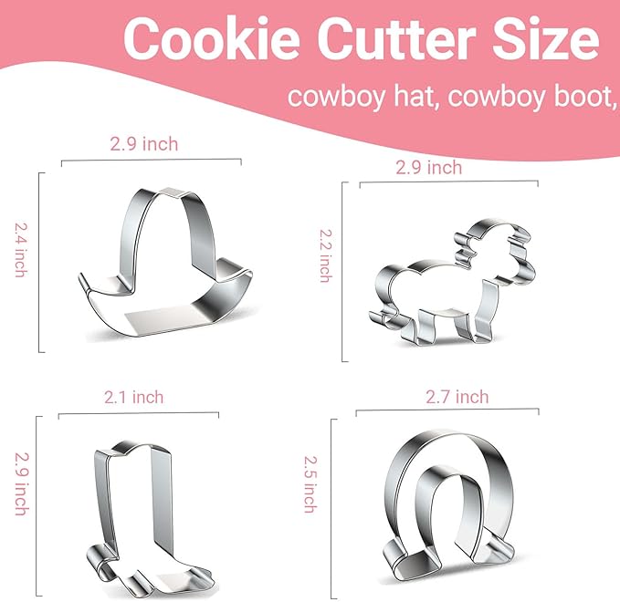 6 Piece Cowboy Cowgirl Cookie Cutter Set, Western Boot Cookie Cutter Bow, Cowboy Hat, Cactus, Horse Hooves Shaped Stainless Steel Metal Molds Perfect for Western Cowgirl Party