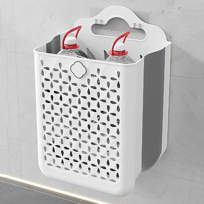 Collapsible Laundry Hamper, Household Foldable Dirty Wall Hanging Multi-functional Hollow Storage Basket Large Capacity Storage Bucket, Plastic Collapsible Hanging Laundry Baskets with Carry Handle