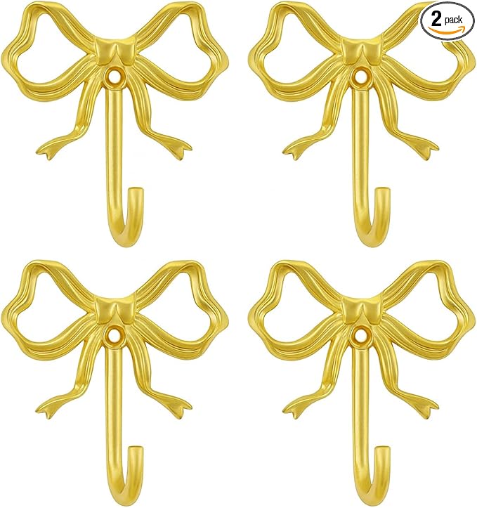 Decorative Bow Wall Hooks, Brass-Gold Metal Coat Hooks for Keys, Jewelry, Clothes, Home Decor - Screw Mounted, Iron Alloy, 2 in X 2.6 in X 0.8 in, 2 Pack (Four Large Sizes)