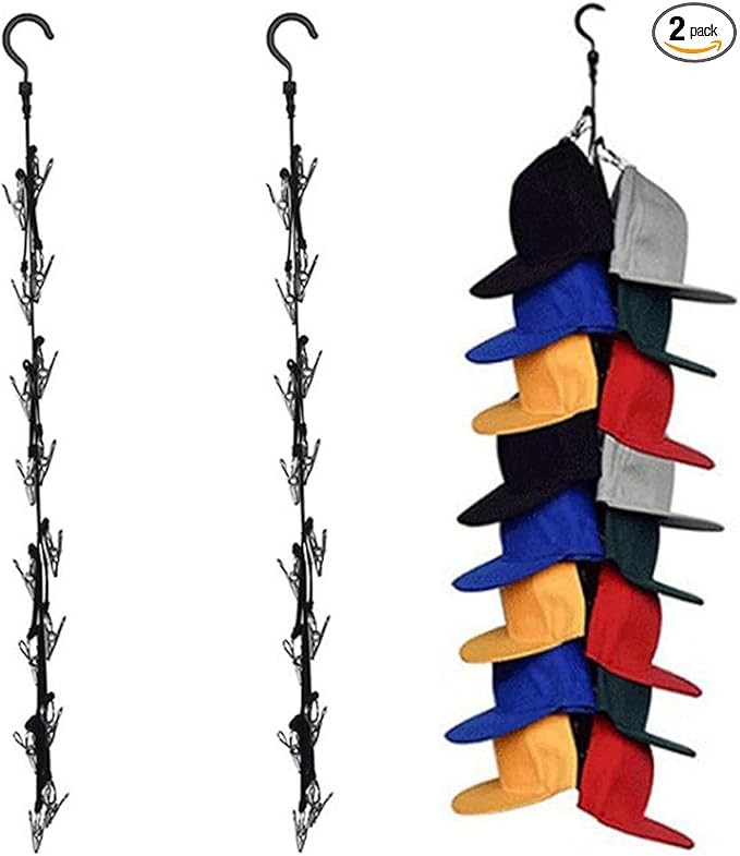 BetterJonny 2 Pack Hanging Hat Organizer Rack, 16 Stainless Steel Hat Storage Clips Holder for Men or Women Closet Hook Cap Holder (Black)