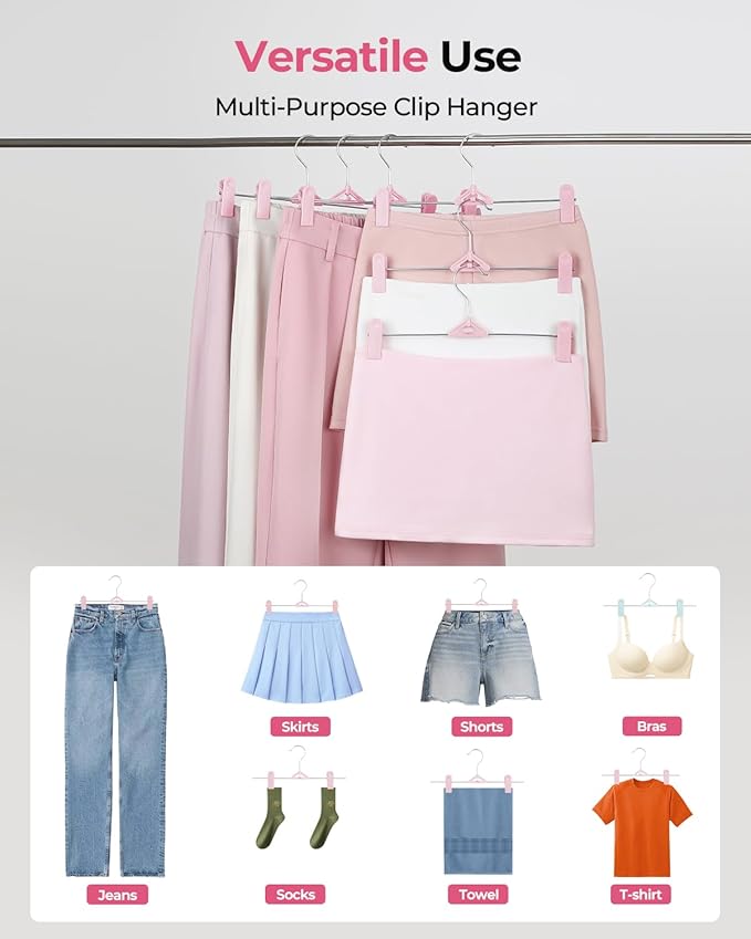 Skirt & Pant Hangers with Clips for Women - 50 Pack Space Saving Stackable Skirt Hangers with Clips - Non-Slip, Adjustable for Kid, Adult, Men, Children, Baby, Pink