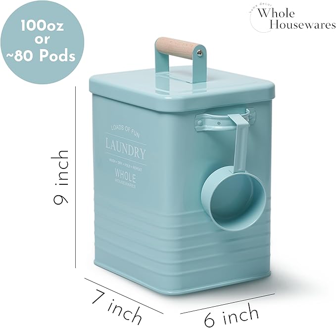 WHOLE HOUSEWARES Laundry Powder Container with Scoop for Detergent Powder - Laundry Detergent Container - Easy-to-Use Dispenser, Ideal for Laundry Room Storage - 9in x 7in x 6in - Mint