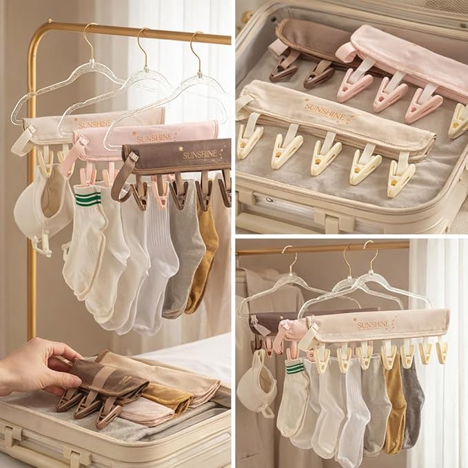 FOLAI 3-Pack Portable Fabric Products Travel Hangers Foldable Suitcase Clothespin Small Clothes pin Rack with 6 Clips（Starry Sky Design）