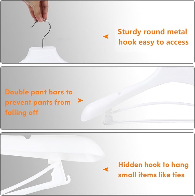 DEDU Suit Hangers for Men 20 Pack Width 17.3", White Coat Hangers no Shoulder Bump Non Slip for Thick Sweaters, Plastic Extra Wide Shoulder with Pants Bar & Metal Hook