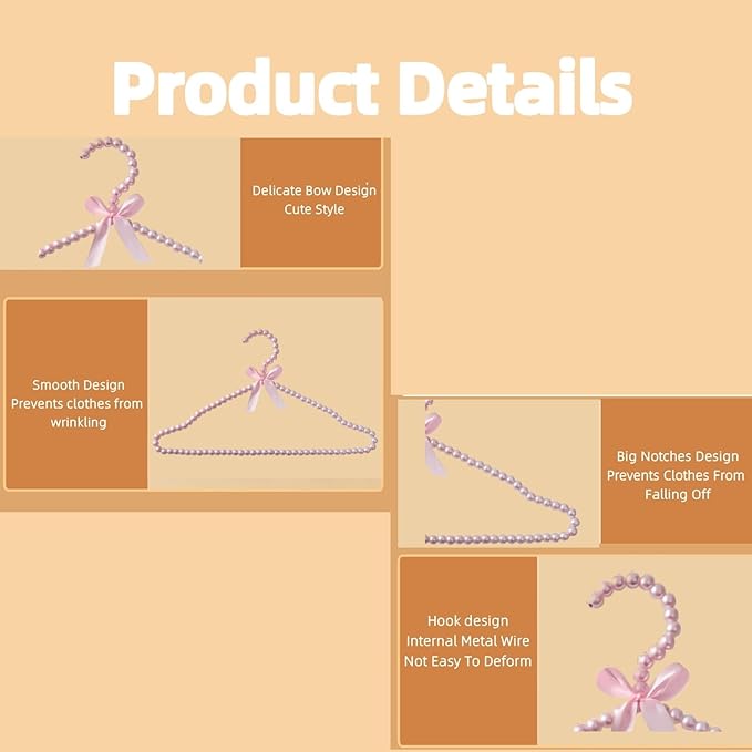 16 inch Pearl Hanger Cute Ribbon Bow Hanger Metal Elegant Clothes Hangers for Wedding Dress Photographing or Decorate Your Closet (5, Pink)