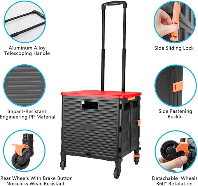 FELICON SELORSS Foldable Utility Cart Folding Portable Rolling Crate Handcart with Heavy Duty Telescoping Handle Collapsible 4 Rotate Wheels for Travel Shopping Move Luggage Office Use(Black+Red)