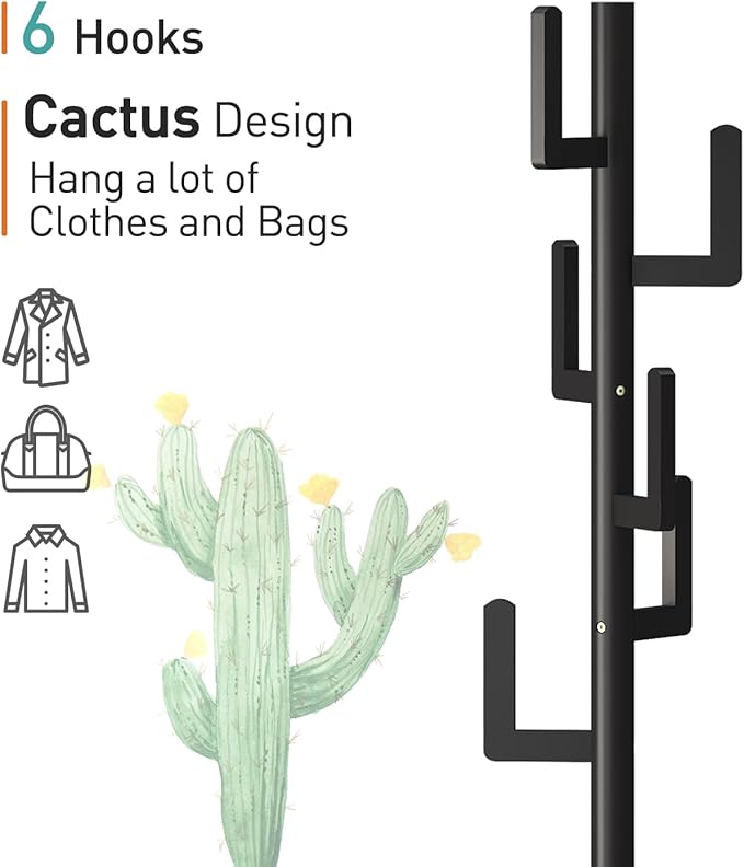 Coat Rack, Wooden Coat Rack Freestanding with Shelf, Bamboo Cactus Coat Tree, Coat Tree for Clothes/Bag/Hats, Hanger Stand for Entryway (Black)