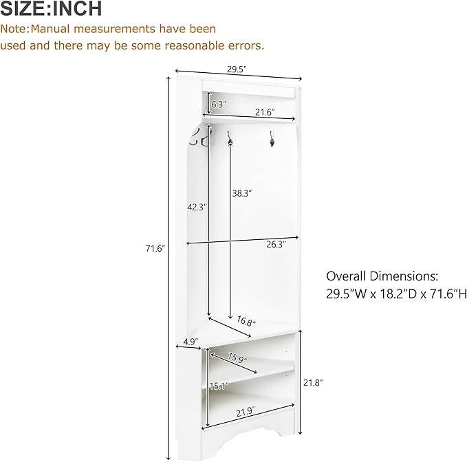 All in One Hall Tree, Minimalist Corner Hall Tree with Shoe Bench, Corner Cabinet with Adjustable Shelf and 4 Hooks, Versatile Entryway Coat Rack for Hallway, Living Room