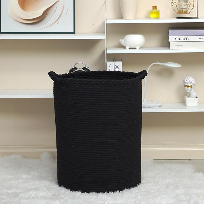 58L Woven Laundry Basket,Cotton Tall Laundry Hamper for Blankets,Clothes,Pillows,Toys,Shoes Large Laundry Bin Black