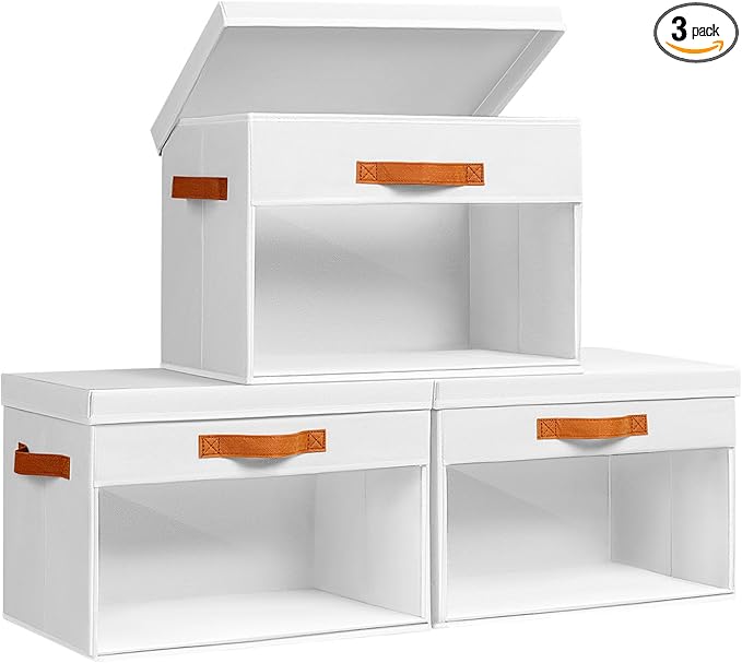 Large Storage Bins with Lids - 3 Pack Foldable Decorative Organizers with Clear Windows & Handles, Cube Storage Organizers for Clothes, Blankets, Sweaters, Sheets, White