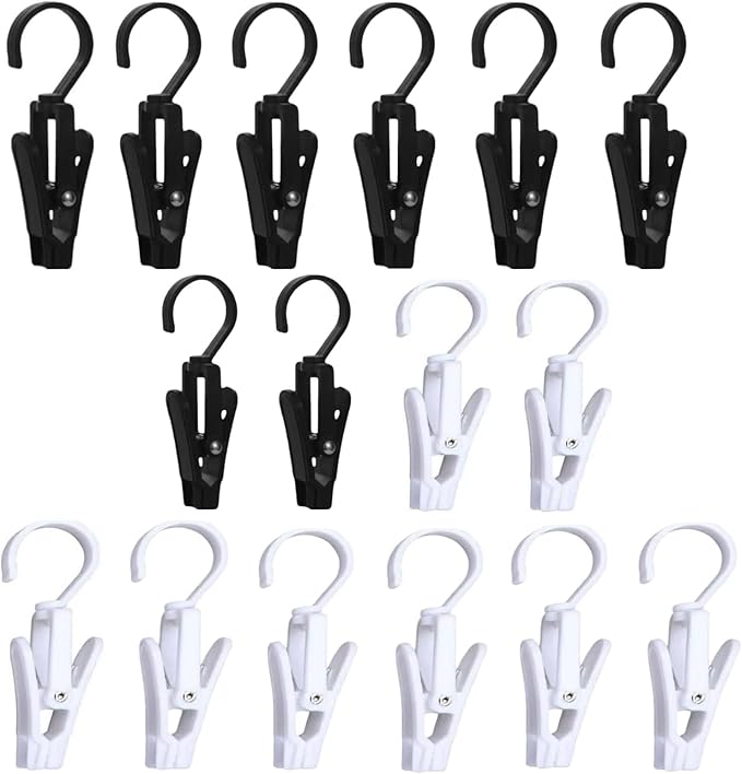 16 PCS Laundry Hooks with Clips，Clothes pins，360° Rotating Hook Clips, Hangers Clip Socks Curtain Towels Bathroom Closet Kitchen Office