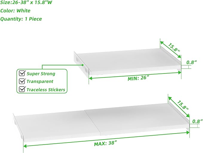 SANNO Adjustable Closet Organizer Shelf, 17-31" Tension Shelf with Heavy-Duty Adhesive - DIY Expandable Shelf Dividers for Cabinet, Pantry, Wardrobe, Kitchen, 1 Pack