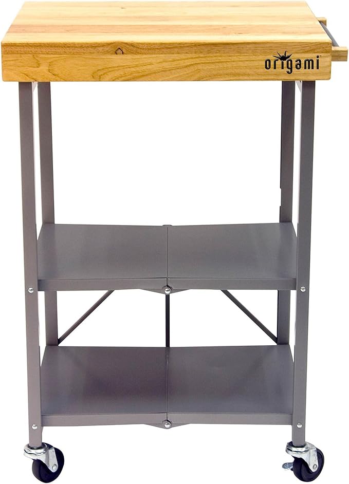 Origami Foldable Kitchen Island Cart, Rolling Storage Table Organizer with Wheels, Silver