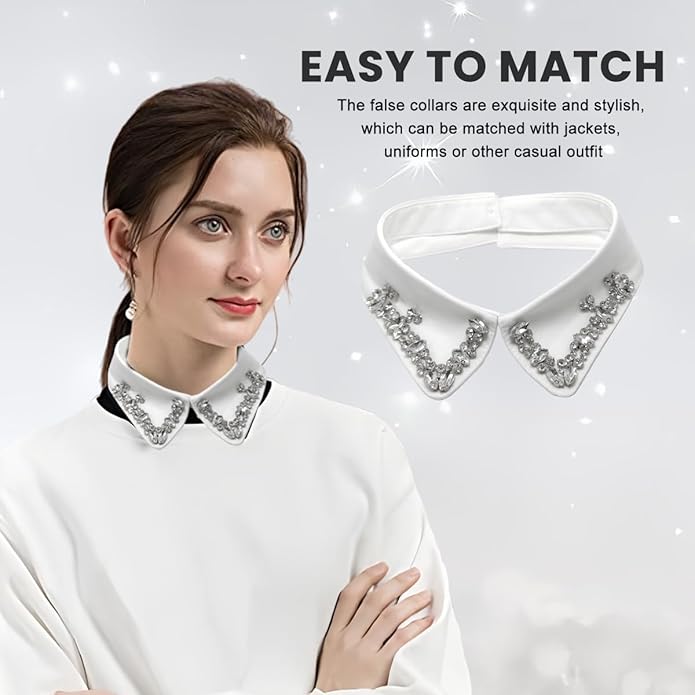 erioctry Rhinestones Fake Collar White Detachable Faux Blouse Lapel Choker for Women Girls Party Wear