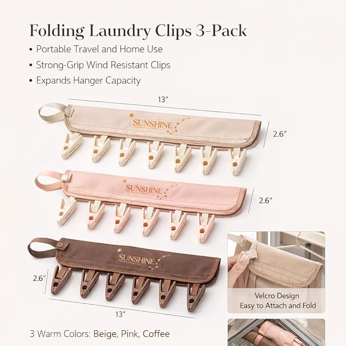FOLAI 3-Pack Portable Fabric Products Travel Hangers Foldable Suitcase Clothespin Small Clothes pin Rack with 6 Clips（Starry Sky Design）