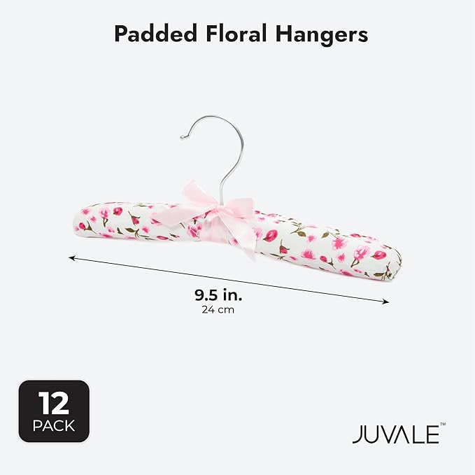 Juvale Padded Baby Clothes Hangers - Wrinkle-Free Closet Organization - Satin Padded Infant Hangers for Baby Clothes - Pink Floral Design for Nursery Decor - Pack of 12, 9.5 in, Pink Floral