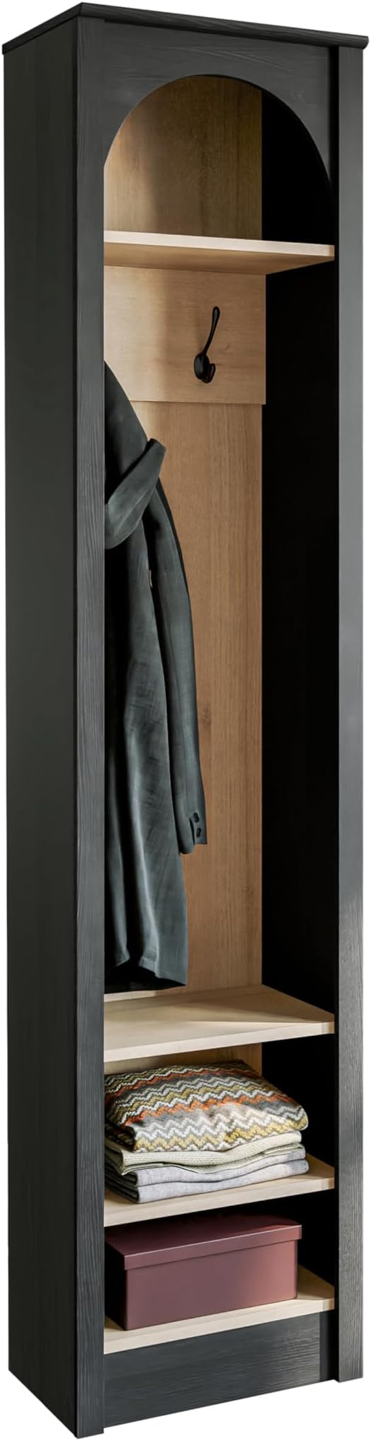Prepac Ark 76" Tall Arched Entryway Coat Rack in Black Oak with Natural Oak Interior, Hall Tree with 2 Adjustable Shelves, Modern Furniture for Entryway and Living Room, 13.25" D x 18" W x 76" H