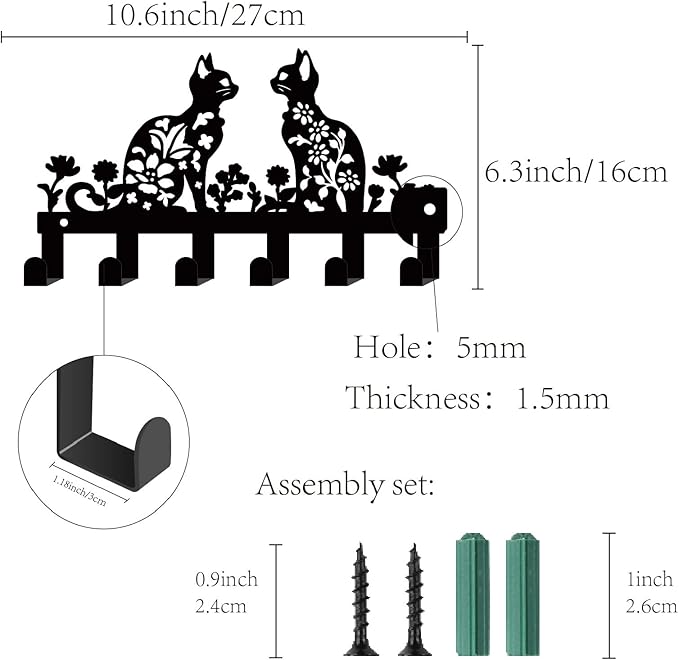 CREATCABIN Wall Mounted Key Hanger Metal Key Holder Organizer with 6 Hooks Decorative Cat Flower Black Towel Coat Organizer Storage Rack Wall Art Decor for Entryway Front Door Bathroom 10.6 x 6.3 Inch