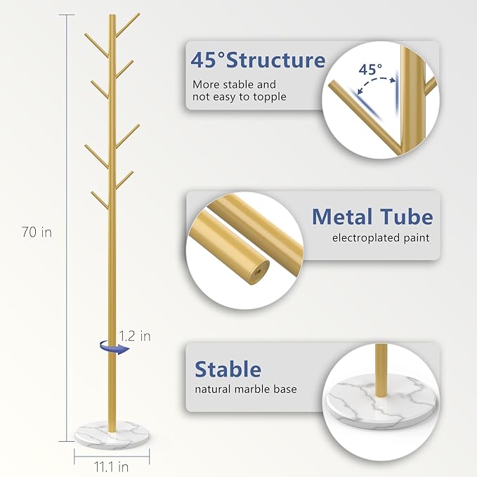 Heavy Duty Coat Rack with Natural Marble Base, Freestanding Metal Coat Stand with 8 Hooks, Modern Stable Coat Hanger Tree for Bags, Jacket, Clothes, and Hats, Gold Metal