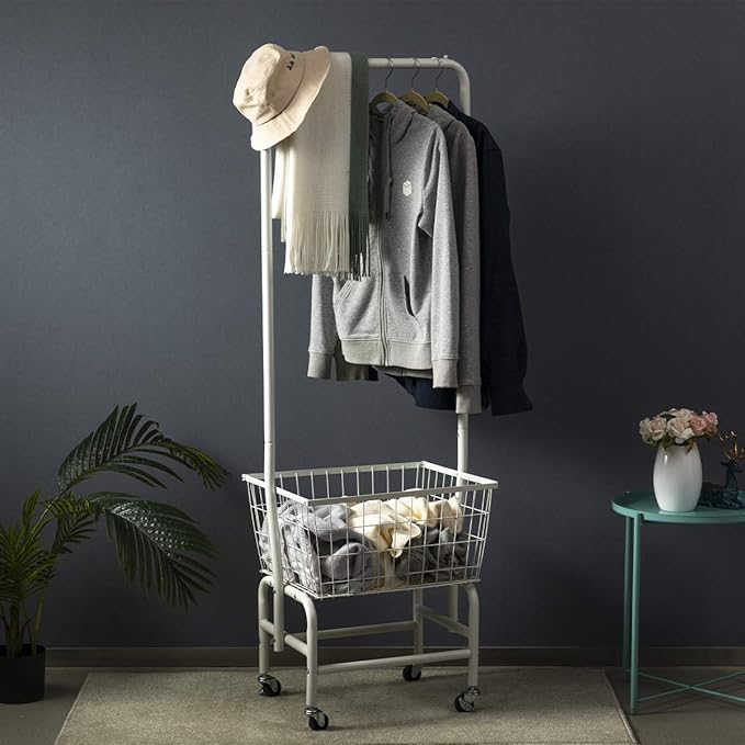 ALIMORDEN Laundry Cart with Clothes Rack, Rolling Laundry Butler with Wire Storage Rack，White