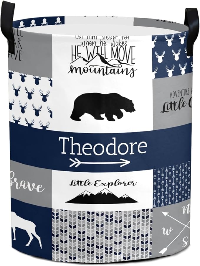 Large Custom Name Laundry Hamper, Woodland Bear Personalized Dirty Clothes Hamper Storage Basket with Name for Bathroom Bedrooms, Customized Name Circular Hamper with Handles for Baby Boys Girls