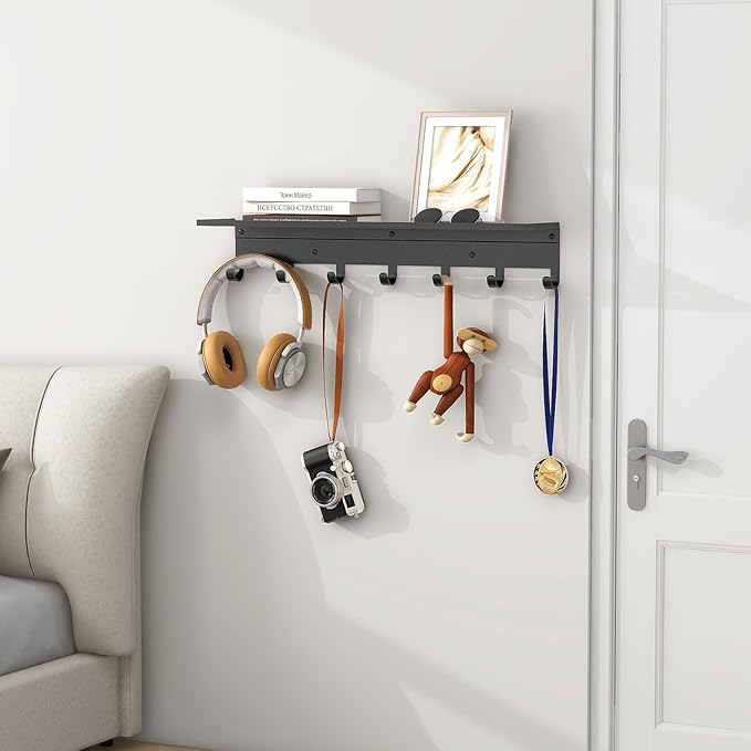 Wall Shelf with 7 Hooks, 23 Inch Entryway Coat Rack Wall Mounted, Metal Coat Hanger with Shelf Storage Clothes, Bags, Purse for Living Room, Balcony, Closet, Black