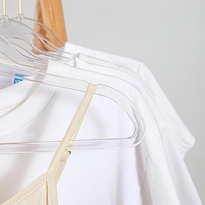 Clear Acrylic Plastic Hangers for Clothes for Adult Closet Heavy Duty Hangers Space Saving 360 Degree Swivel Hook and Notches (50, Gold/Clear)