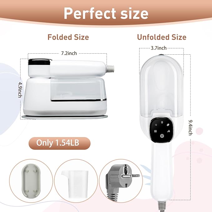 Travel Steamer for Clothes， 4-Speed Steam Adjustable Handheld Iron with LCD Display Screen, 5S Rapid Preheating 1300W Clothes Hanging Ironing Machine, Suitable for Home, Dormitory & Travel (White)